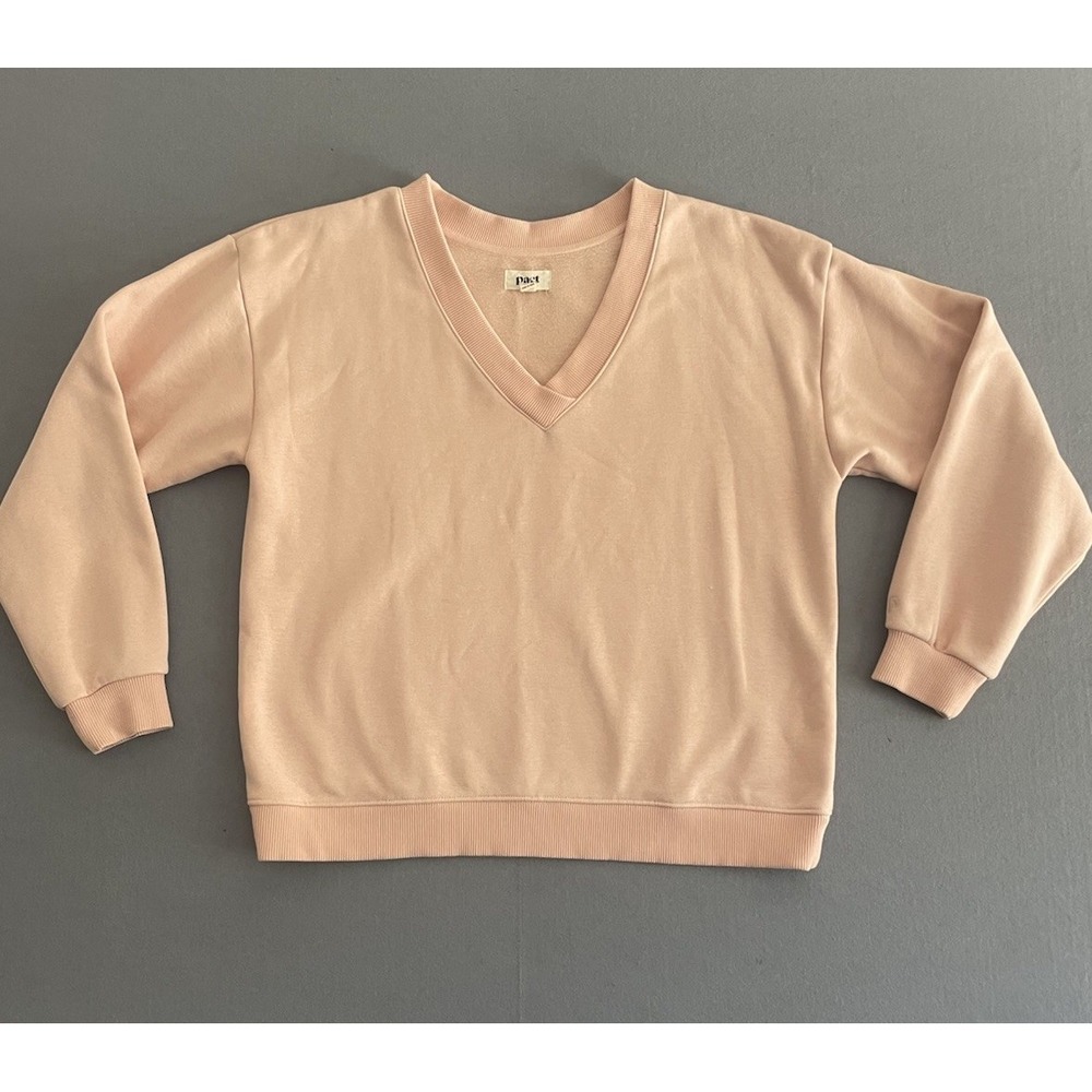 Pact Women L Organic Cotton Courtside V Neck Fleece Sweatshirt Lounge Blush Pink